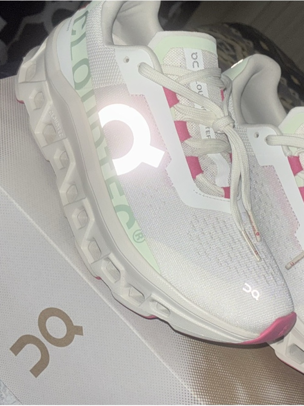 On cloud monster 2. Lightweight Women's Athletic Sneakers in White, Mint & Pink - Picture 3 of 6